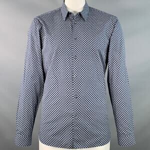 Size XL Navy White Geometric Cotton Point Collar Regular Fit Long Sleeve Shirt